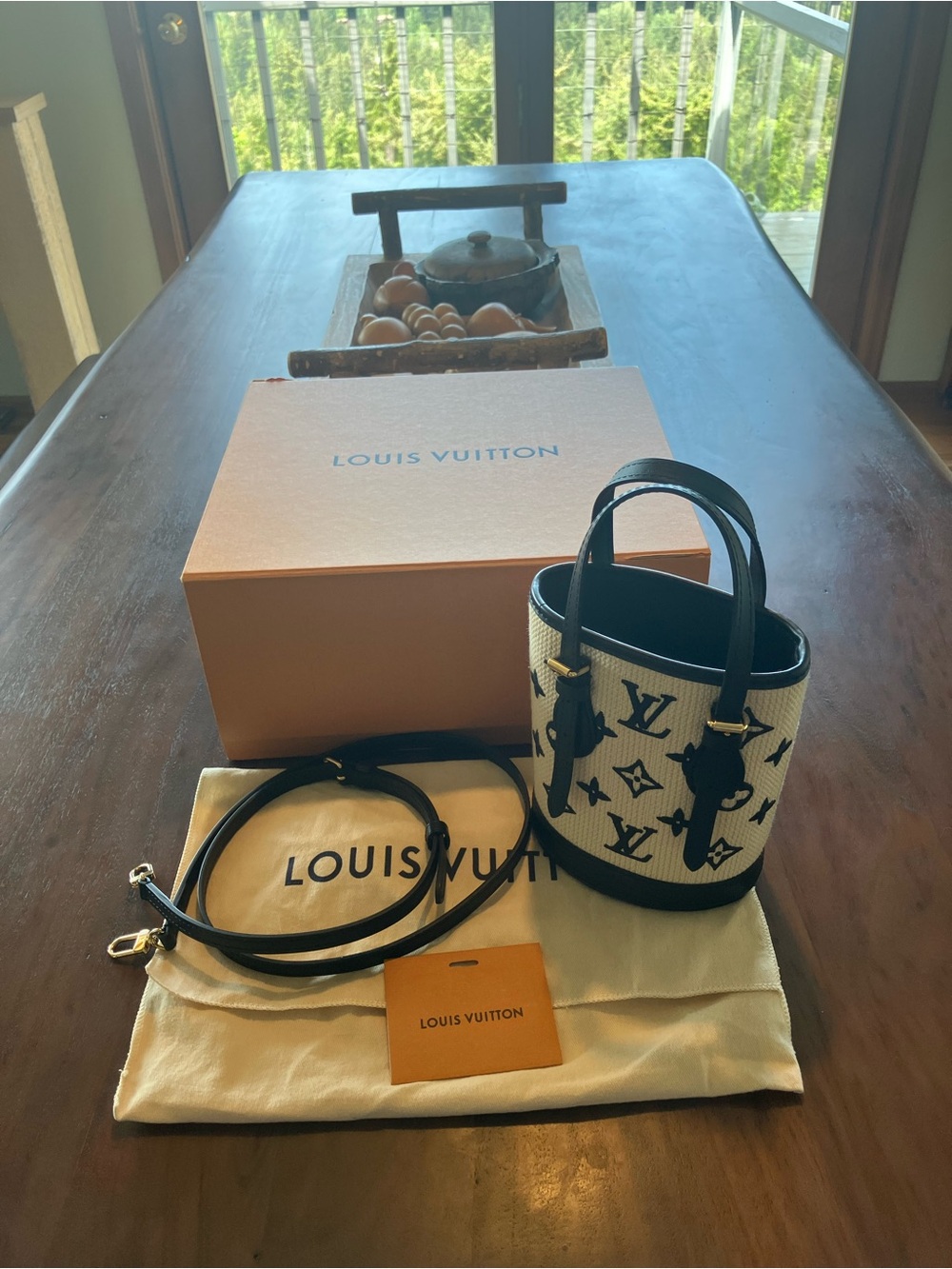 Louis Vuitton  by the pool nano Bucket tote Cream and Black like new!